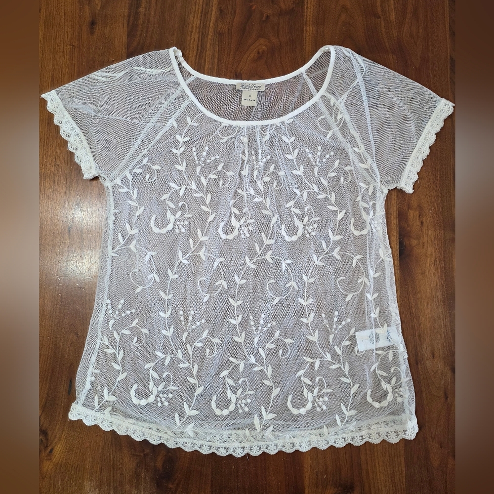 Lucky Brand Sheer White Embroidered Blouse